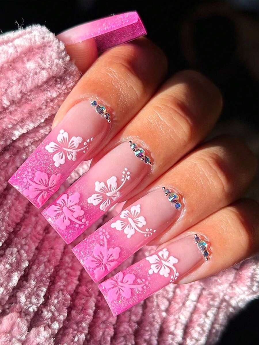 24 件超長管狀時尚漸層粉紅色、法式白色、玫瑰花和水鑽裝飾美甲套裝,配有果凍凝膠和指甲銼,非常適合派對、舞蹈活動和日常穿著,讓您魅力四射 - 彩色 - 查看 1