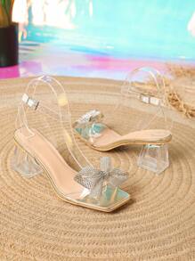 New Arrival Europe And America 2023 Summer Diamond Butterfly Women's Slippers With Chunky Heel, Transparent Slide With Rhinestone For Cocktail Party, Faux Leather Glass Heel - Gold - View 1