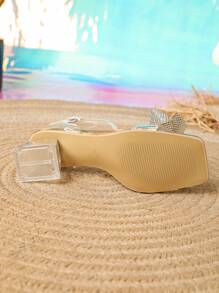 New Arrival Europe And America 2023 Summer Diamond Butterfly Women's Slippers With Chunky Heel, Transparent Slide With Rhinestone For Cocktail Party, Faux Leather Glass Heel - Gold - View 8