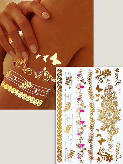 Tiebeauty 1 sheet Flash Tattoo Sticker Metallic Gold Feathers Shimmering Jewellery Festival Temporary Tattoo Sticker