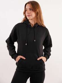 Women's Hoodie Sweatshirt Closed Hood Front Bag Cotton Fabric Fashionable Colors 2023 Sizes - 黑色 - 查看 3