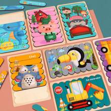 Creative Wooden Jigsaw Puzzle, Children's Early Education Cartoon Animal Story Traffic Fruits Double-sided Puzzle Board Educational Toy