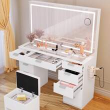 Vanity Desk Set With Large LED Lighted Mirror & Power Outlet, Glass Top Vanity With 11 Drawers And Magnifying Glass, 46'' Large Makeup Vanity With Storage Bench, White Vanity For Bedroom - White - View 3