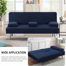 4 Pieces Stretch Futon Covers Sofa Bed Slipcover With Removable Armrests And Cupholders Covers Furniture Protector High Spandex Small Checks Jacquard Fabric, H.VERSAILTEX - Navy - View 3