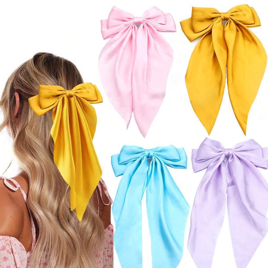 4pcs Vintage Thanh lịch Màu thuần Lớn Nơ cột tóc Với Ruy băng Dải Băng & Clip Đối với Mặc hàng ngày , Các bữa tiệc Và Quà tặng lễ hội Dễ thương - Nhiều màu - Xem 1