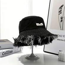 1pc Unisex Multicolor Bohemian Style Metal Logo Detail Washed Denim Bucket Hat With Distressed Frayed Brim, Great For Travel And Daily Wear In Summer - Black - View 3