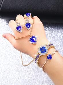 6 pièces/set Montre femme mode verte entièrement ornée de strass, comprenant une montre à quartz, un collier, des boucles d'oreilles, un bracelet et une bague. Accessoires convenant à un port quotidien, à la rentrée scolaire, à la période de remise des diplômes, à Thanksgiving, aux couples. Meilleur cadeau.