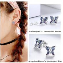 1對優雅藍色的方晶鋯石925純銀蝴蝶耳釘適合女士,節日禮物
