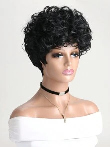 自然黑色卷发短假发 10 英寸，蓬松蓬松非洲发型，带刘海的非洲卷发合成纤维假发，适合日常佩戴、节日、万圣节服装、派对 - 黑色 - 查看 4