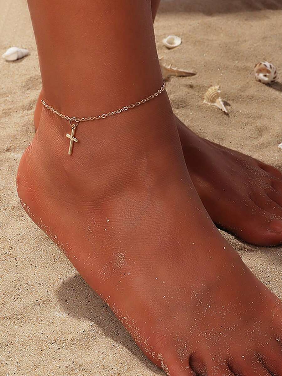 1入復古風格合金十字裝飾女款腳鏈,日常佩戴 - 金黃色 - 查看 1