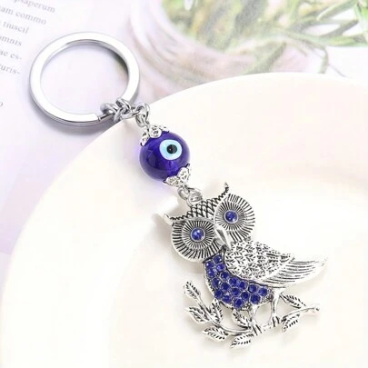 1 pièce Porte-clés hibou œil mauvais bleu chanceux pour hommes et femmes - Pendentif de sac et de voiture avec strass. Accessoire de sac, sac à dos pour l'école, accessoire de sac gothique mignon Y2K. Porte-badge avec porte-clés de voiture, accessoires de voiture, idées de cadeaux pour Noël, professeur, ami, sœur
