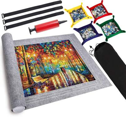 Estera del rompecabezas,Alfombrilla enrollable para rompecabezas con capacidad para hasta 3000 piezas, Almacenamiento de rompecabezas,con bomba de mano, tubo inflable, 4 bandejas de clasificación de rompecabezas plegables, 55.1" x 39.3"(gris)