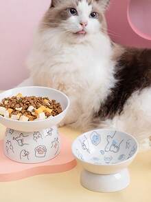 1pc Cartoon Ceramic High Leg Cat Bowl For Pet With Anti-slip Neck Design - Blue - View 3