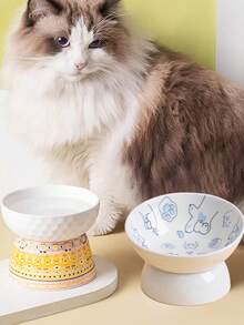 1pc Cartoon Ceramic High Leg Cat Bowl For Pet With Anti-slip Neck Design - Blue - View 4