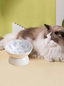 1pc Cartoon Ceramic High Leg Cat Bowl For Pet With Anti-slip Neck Design - Blue - View 1