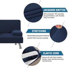 4 Pieces Stretch Futon Covers Sofa Bed Slipcover With Removable Armrests And Cupholders Covers Furniture Protector High Spandex Small Checks Jacquard Fabric, H.VERSAILTEX - Navy - View 6