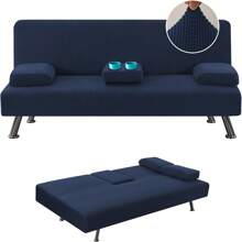 4 Pieces Stretch Futon Covers Sofa Bed Slipcover With Removable Armrests And Cupholders Covers Furniture Protector High Spandex Small Checks Jacquard Fabric, H.VERSAILTEX - Navy - View 2