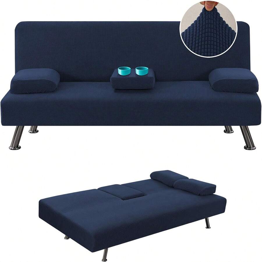 4 Pieces Stretch Futon Covers Sofa Bed Slipcover With Removable Armrests And Cupholders Covers Furniture Protector High Spandex Small Checks Jacquard Fabric, H.VERSAILTEX