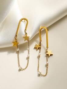 1對流行的流蘇珍珠鍊和星型吊墜耳環,適合女士外出或約會時佩戴 - 金黃色 - 查看 1