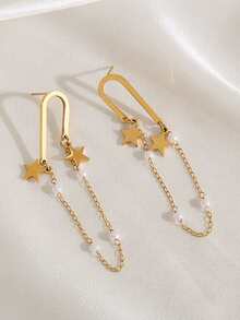 1對流行的流蘇珍珠鍊和星型吊墜耳環,適合女士外出或約會時佩戴 - 金黃色 - 查看 5