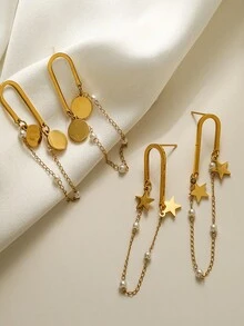 1對流行的流蘇珍珠鍊和星型吊墜耳環,適合女士外出或約會時佩戴 - 金黃色 - 查看 4