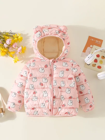 Hibobi Abrigo acolchado de algodón con cremallera y capucha con estampado de dibujos animados para niño pequeño