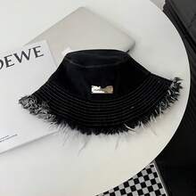 1pc Unisex Multicolor Bohemian Style Metal Logo Detail Washed Denim Bucket Hat With Distressed Frayed Brim, Great For Travel And Daily Wear In Summer - Black - View 4