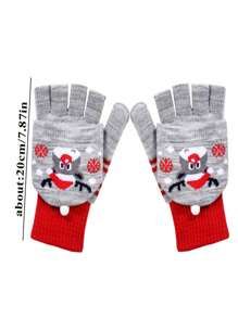 1pair Women's Winter Flip Half Finger Knitted Christmas Cartoon Deer Gloves & Mittens, Red - Red - View 4