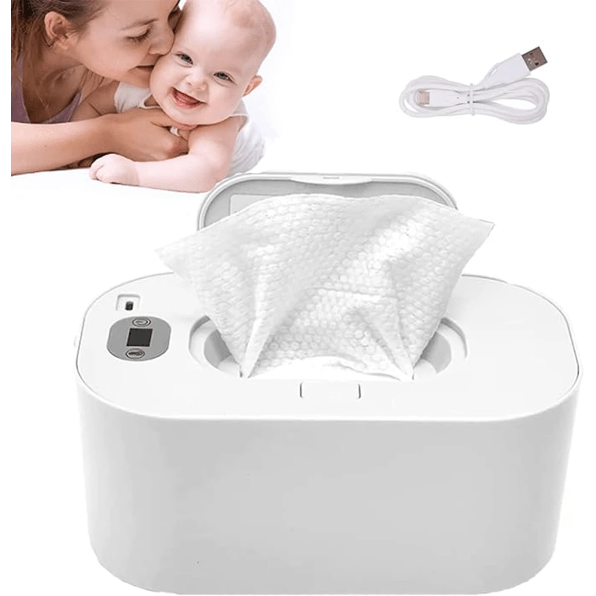 Calentador de toallitas húmedas para bebés y dispensador de toallitas para bebés| calentador de toallitas húmedas para bebés| temperatura ajustable (3 temperaturas diferentes) | Carga USB - Blanco - Ver 1