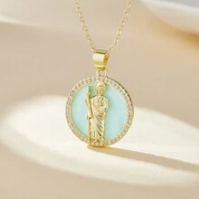 Pearl Shell  Round Shape Charm Catholic Jewelry Mivro Pave Cubic Zirconia Pendant Necklace for Women - Pink Of San Jude - View 5