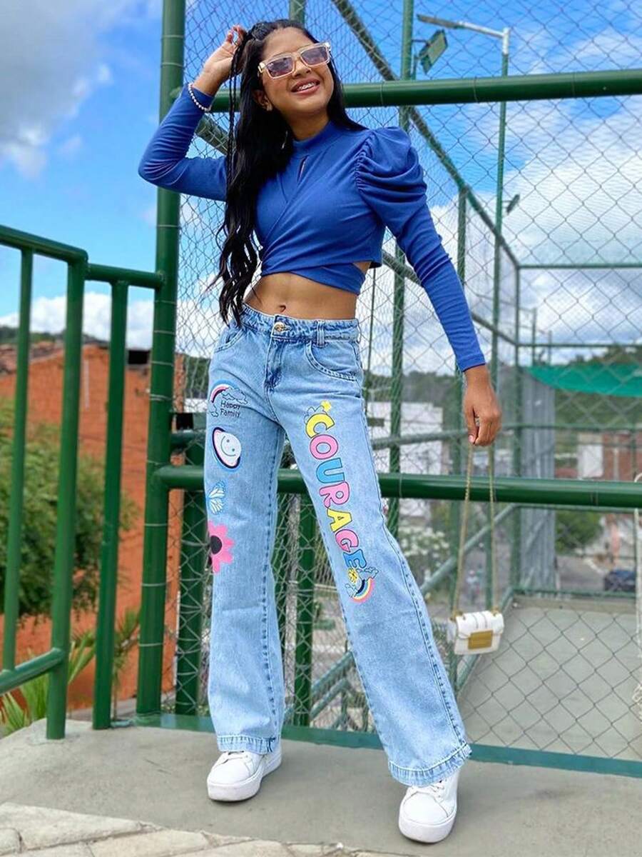 Calça Jeans Wide Leg Estampada Pantalona Infantil Juvenil Promoção - Lavagem Média - Visão 1