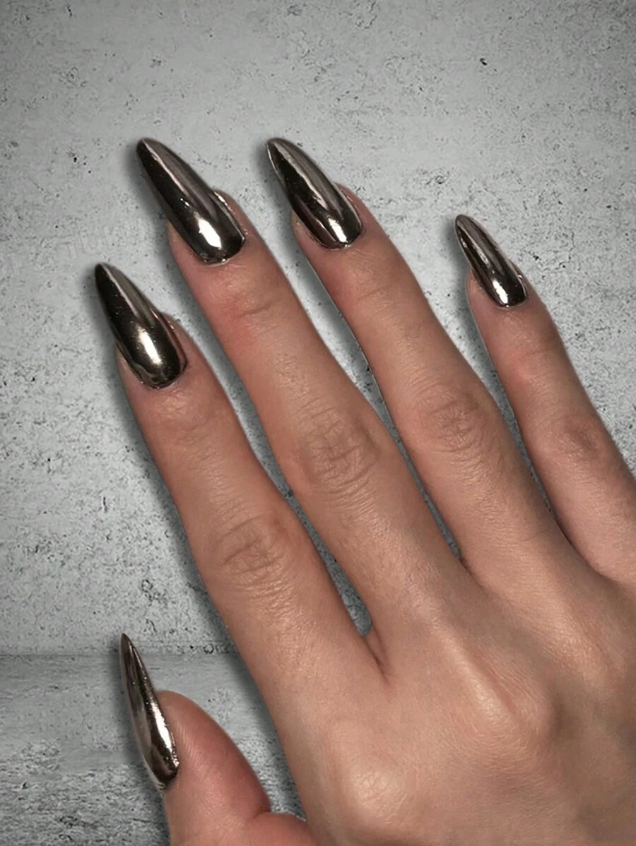 VV MEI JIA ER 24 piezas de uñas artificiales de almendra media en negro cromado y brillantes de magia gótica con polvo de uñas holográfico, brillo de espejo de sirena de hielo neón de perlas y 1 hoja de cinta y 1 lima de uñas. Suministros de uñas uñas falsas uña falsa uña acrílica