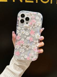 1pc Pink Flower Patterned Shockproof Phone Case With Finger Grip Compatible With Iphone 15promax/14plus/13promax/12/11/7g/7p/ix/xr/xsmax - Multicolor - View 1