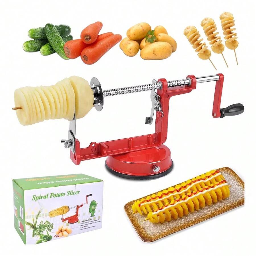Espiropapas Cortador Profesional de Papas Patatas Fritas en Espiral Manual Acero Resistente con Base Chupon Adherente (Rojo) - Rojo - Ver 1