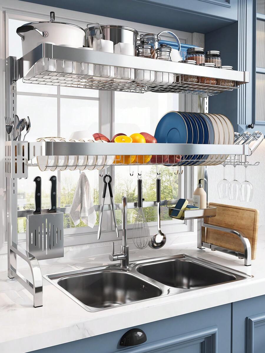 Over Sink Dish Drying Rack, Adjustable (25.6"-35.5") 3 Tier Large Dish Rack Drainer For Kitchen Storage Counter Organizer, Full 304 Stainless Steel Shelf With Utensil Holder And 10 Hooks - Silver - View 1