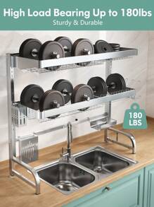 Over Sink Dish Drying Rack, Adjustable (25.6"-35.5") 3 Tier Large Dish Rack Drainer For Kitchen Storage Counter Organizer, Full 304 Stainless Steel Shelf With Utensil Holder And 10 Hooks - Silver - View 4