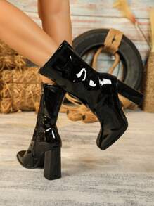 Botas A Media Pierna Con Tacón Grueso Y Punta Cuadrada - Negro - Ver 2