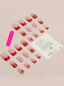 24片/套 中长款欧式日落腮红法式渐变金粉花朵图案美甲贴片，简约甜美优雅，欧美潮流美甲贴片，含1片打磨条和1瓶果冻胶美甲贴片 - 彩色 - 查看 2