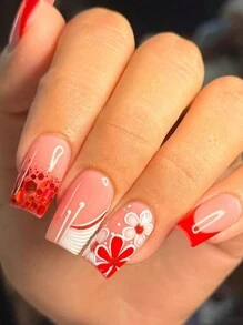 24片/套 中长款欧式日落腮红法式渐变金粉花朵图案美甲贴片，简约甜美优雅，欧美潮流美甲贴片，含1片打磨条和1瓶果冻胶美甲贴片 - 彩色 - 查看 1