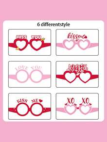6pcs Valentine'S Day Paper Glasses Set, Pink Wedding Party Photo Props - Pink - View 4