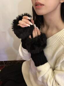 1pair Women's Arm Warmers, Faux Sleeve Cuffs With Knit, Plush Short Cuffs, Thumb Hole - Black - View 2