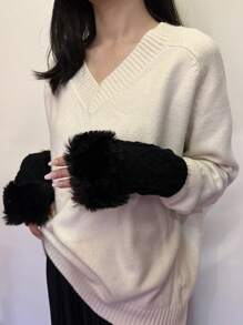 1pair Women's Arm Warmers, Faux Sleeve Cuffs With Knit, Plush Short Cuffs, Thumb Hole - Black - View 1