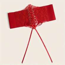 1 件紅色女式花卉刺繡蕾絲腰帶,復古風格細腰帶,帶鬆緊帶,寬腰帶適合日常搭配連身裙,可作為裝飾佩戴 - 紅色 - 查看 4