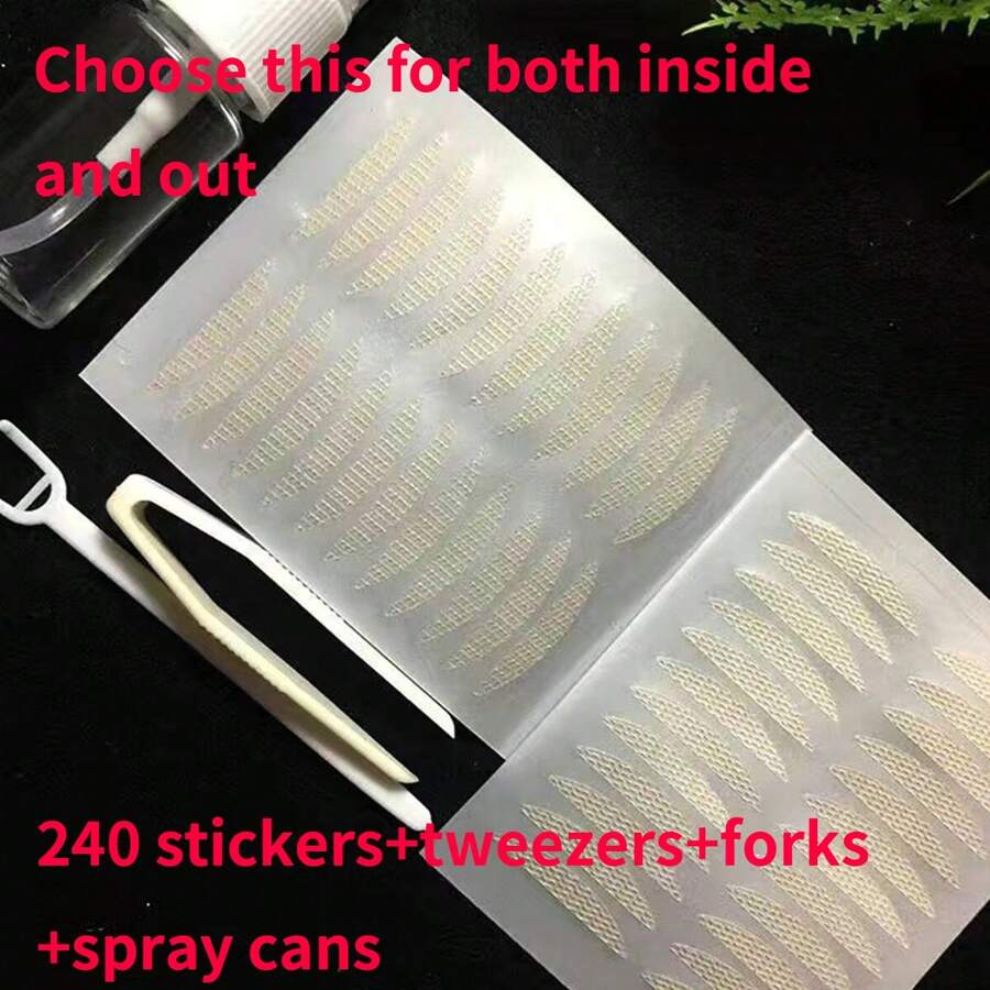 240入組雙眼皮貼片+工具(內雙用),噴霧激活,綁帶網布自然黏貼透明眼皮貼(肌膚色),13pcs/套,配有收納盒,適合在家、辦公室、派對、教室和大學的女性使用 - 裸色 - 查看 1