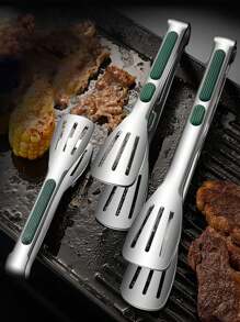 1pc Stainless Steel Food Tongs, Restaurant Bbq Clip, Kitchen Triple Row Steak Food Clip, Grill Tongs Baking Tools For Bread Cake Bbq - Green - View 3