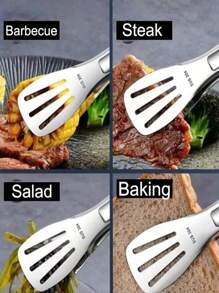 1pc Stainless Steel Food Tongs, Restaurant Bbq Clip, Kitchen Triple Row Steak Food Clip, Grill Tongs Baking Tools For Bread Cake Bbq - Green - View 7