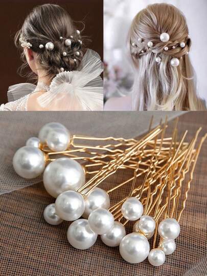 18 Stücke Mädchen Partei Frisur Perlen Haarnadel, Französisch Perlen Dekor U-förmige Haarnadel, Geeignet Für Party, Bankett, Hochzeit Braut, Blumenmädchen