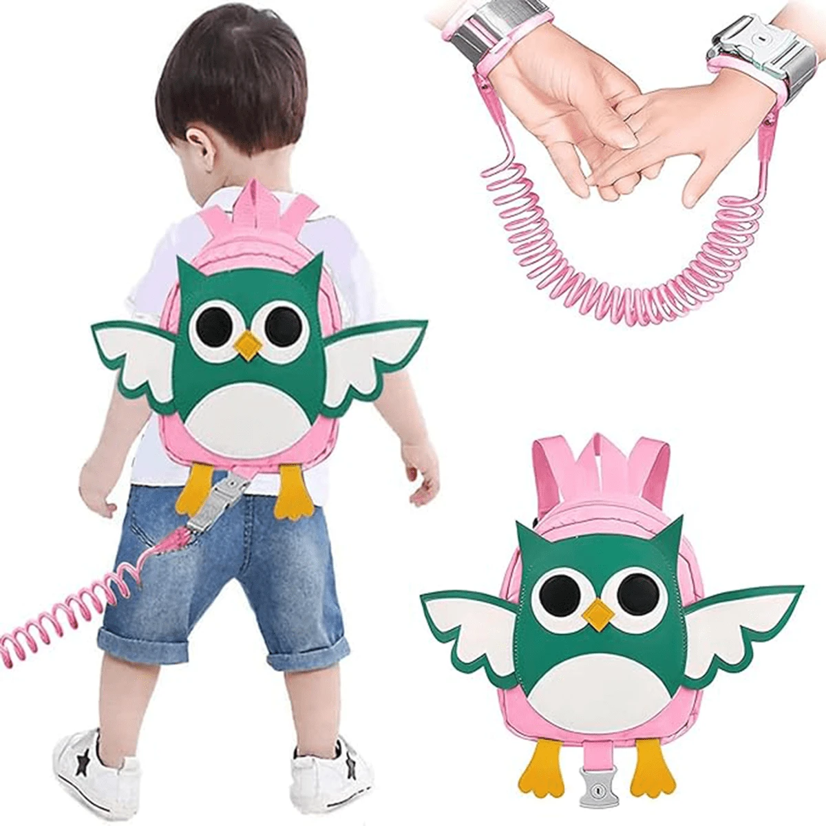 Mochila con Arnés y Correa para Niños Pequeños, Mochilas 4 en 1 para Niños con Forma de Dinosaurio y Eslabón para la Muñeca Antipérdida, Arneses para Niños y Correas para Pasear, Bonita Mochila con Cuerda para Niños y Niñas - Rosa - Ver 1