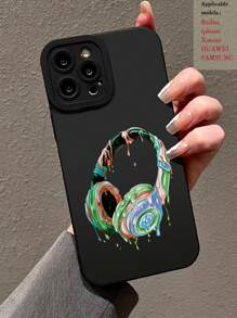 Cartoon Earphone Straight Edge Painted Black 3D Cartoon Anti-Fall Phone Case Compatible With IPhone/Samsung/Xiaomi Redmi - Multicolor - View 1