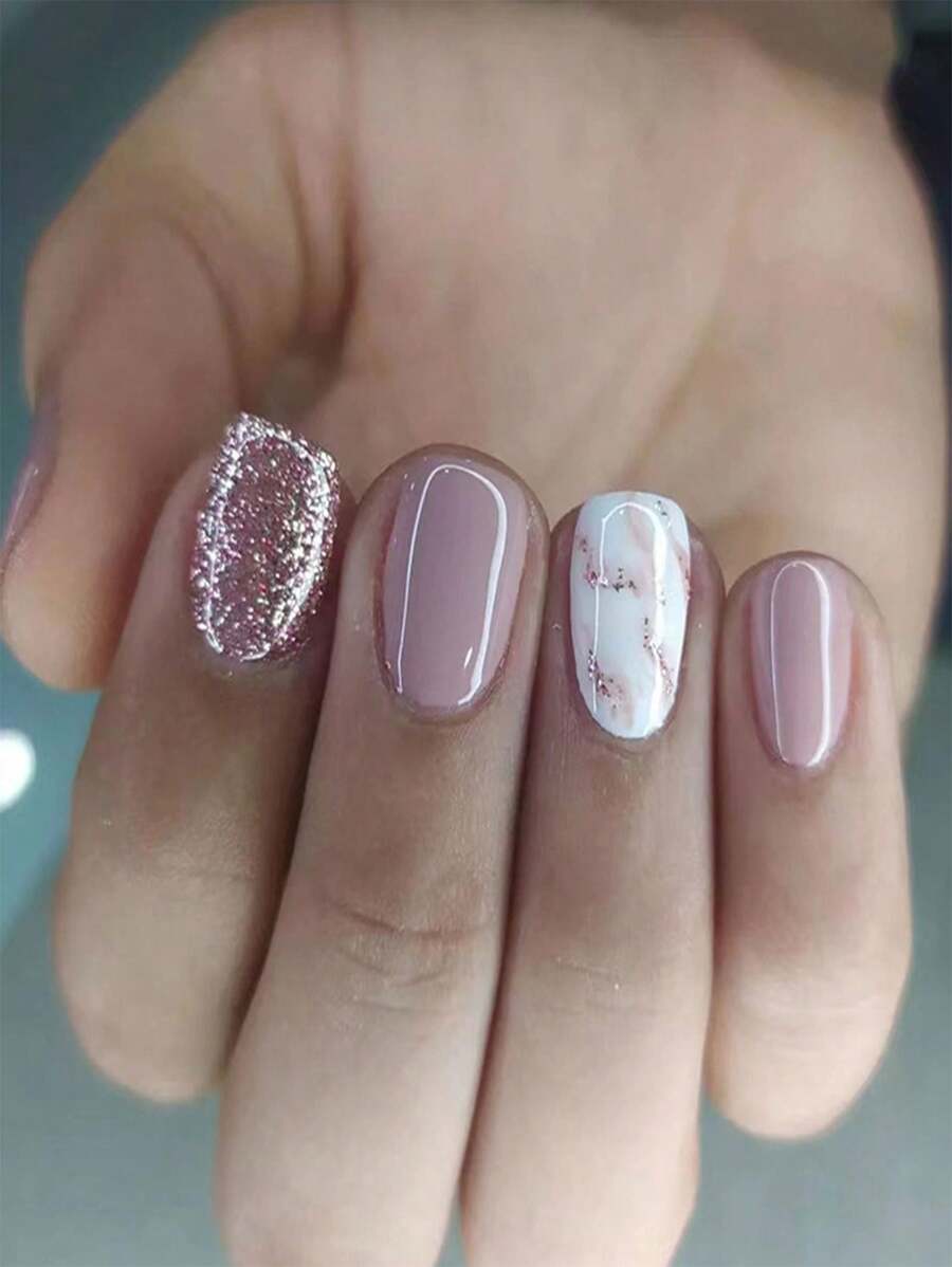 24 Piezas De Uñas Cortas A Presión En Color Morado Y Blanco Degradado Con Destellos Para Un Arte De Uñas Instantáneo - Multicolor - Ver 1